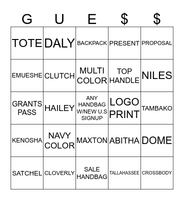 GUE$$ ACCESSORIES HANDBAG BINGO! Bingo Card