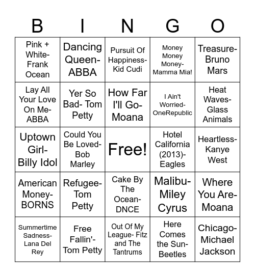 summer songs 🥥🌴🌺🍍🌸 Bingo Card