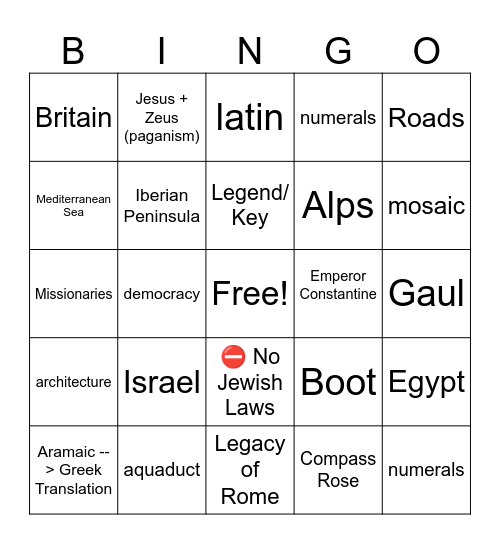 Christianity/Legacy of Rome/Map Bingo Card