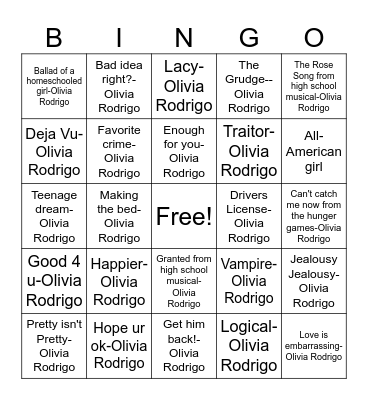 Olivia Rodrigo Songs (clean) Bingo Card