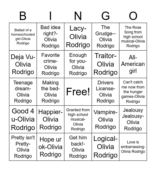 Olivia Rodrigo Songs (clean) Bingo Card