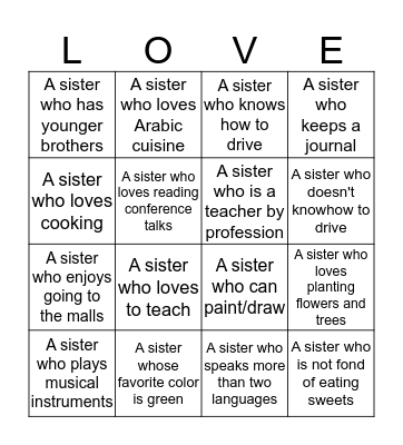 I know my SISTERS :) Bingo Card