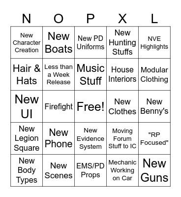 NoPixel 4.0 Trailer Bingo Card
