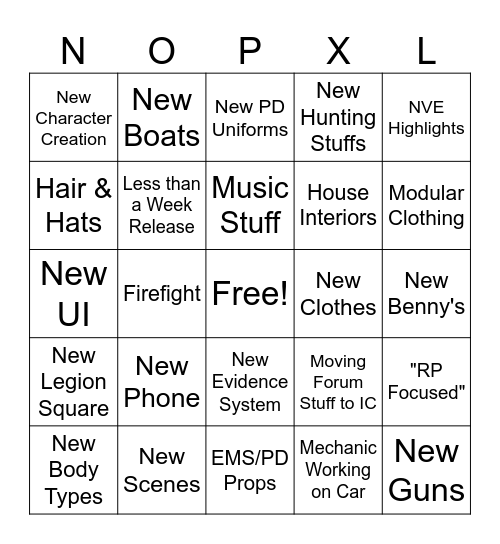 NoPixel 4.0 Trailer Bingo Card