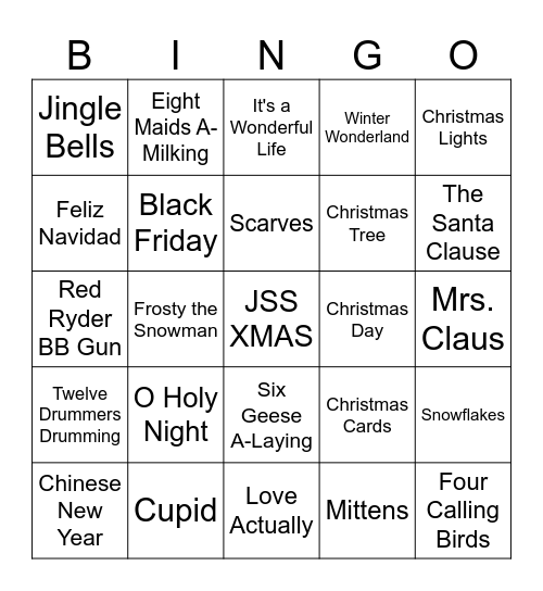 JSS Holiday Bingo Card