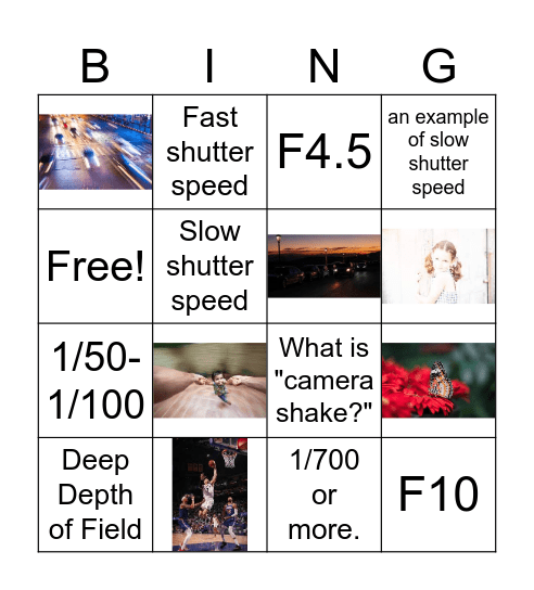 Shutter Speed and Aperture Bingo Card