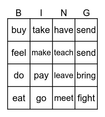 Irregular verbs Bingo Card