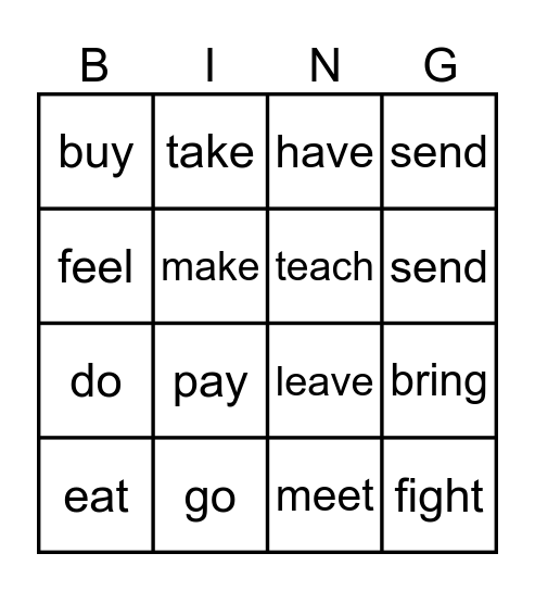 Irregular verbs Bingo Card