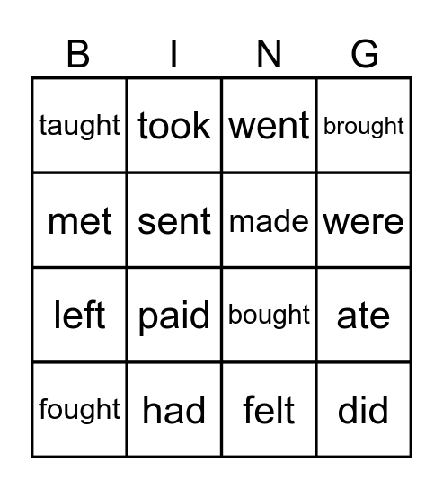 Irregular Verbs Bingo Card