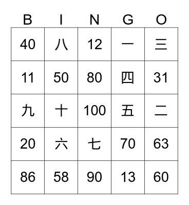 Chinese Number Bingo Card