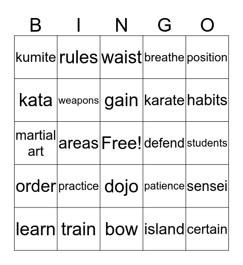 Karate Bingo Card