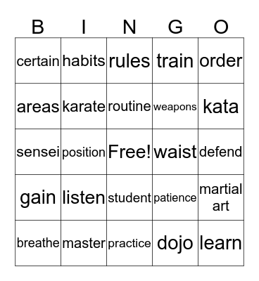 Karate Bingo Card