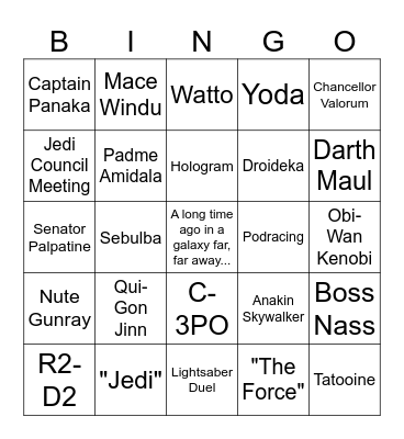 Star Wars: The Phantom Menace Bingo Card