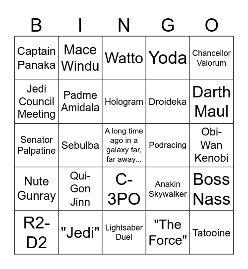 Star Wars: The Phantom Menace Bingo Card