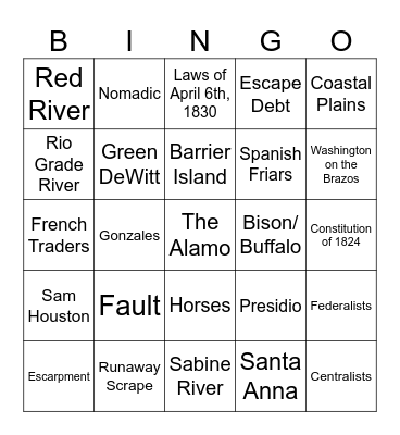 Texas Review Bingo Card