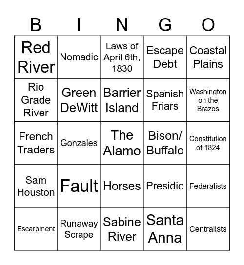 Texas Review Bingo Card