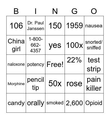 Fentanyl Bingo Card