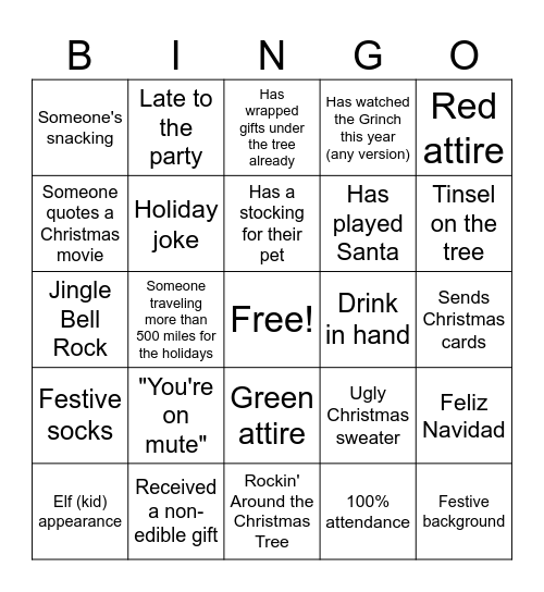 Wizards Holiday Party Bingo Card