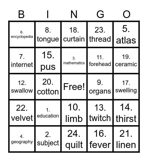 Nevaeh Bingo Card