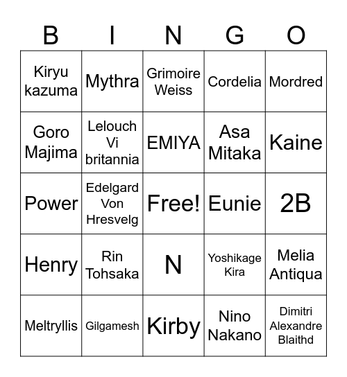 Fav Characters Bingo Card