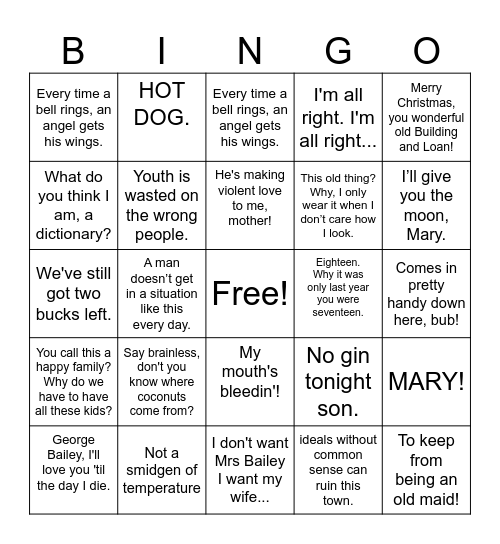 It's a Wonderful Life Bingo Card