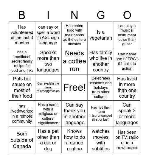 Cultural Diversity Bingo Card