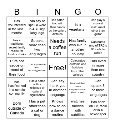 Cultural Diversity Bingo Card