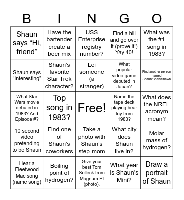 SHAUN Bingo Card