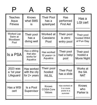 Aquatics Division Staff Breakfast Bingo Card