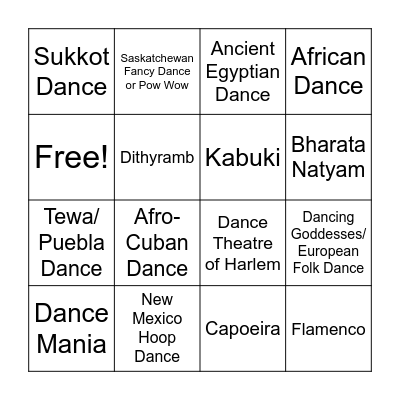 Dance History Bingo Card