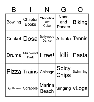 Favorite Things Bingo Card