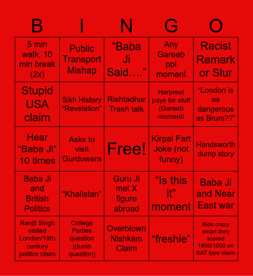 Baba Ji Invented Bingo Card