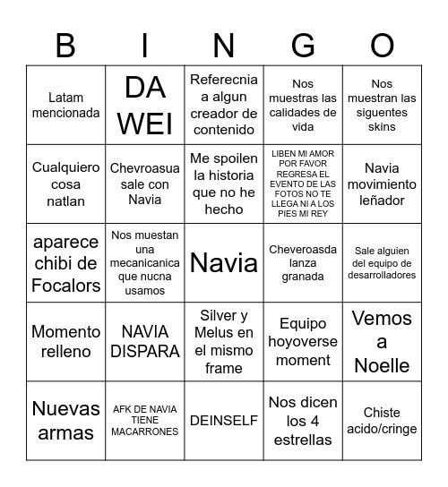 BINGO GENSHIN 4.3 Bingo Card