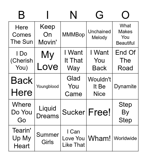 Boy "Bands" Bingo Card