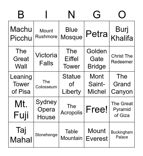 Famous Landmarks Bingo Card
