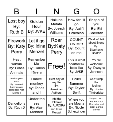 Songs Bingo Card