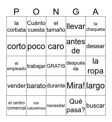 La ropa - vocabulario extra Bingo Card