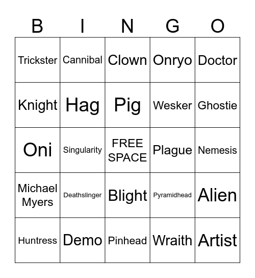 DBD Killer Bingo Card