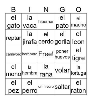 animales Bingo Card