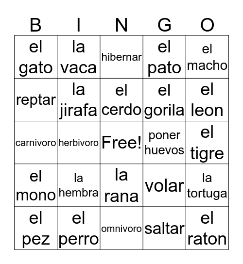 animales Bingo Card