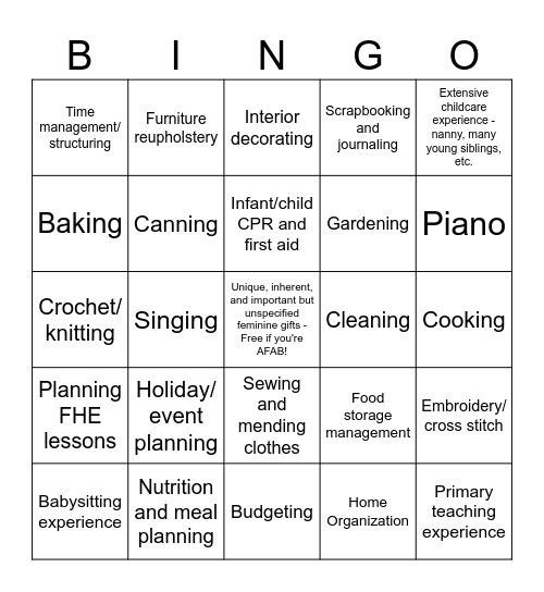 Mormon Homemaking Bingo Card