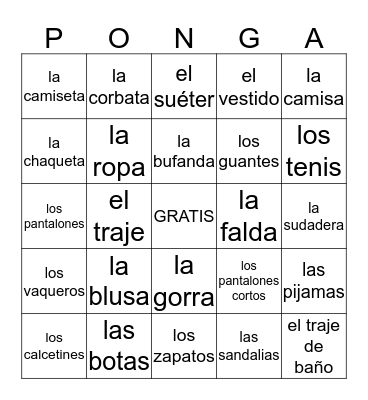 La Ropa Bingo Card