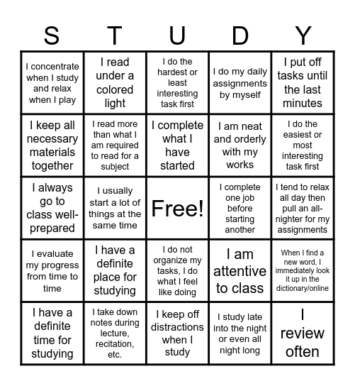 Diagnose Your Study Habits Bingo Card