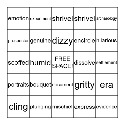 Vocabulary Bingo! Bingo Card