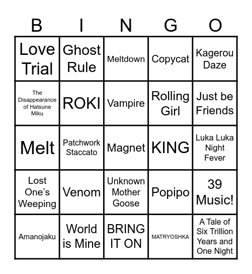 Vocaloid Bingo: Round 1 Bingo Card