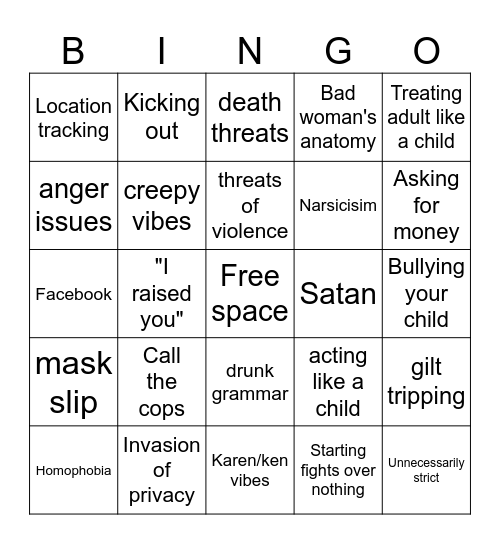 R/InsaneParents Bingo Card