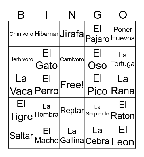 Spanish III De Memoria: Animals Bingo Card