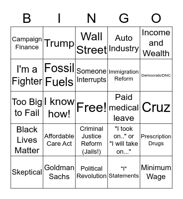 2016 Democratic Debate Bingo Card