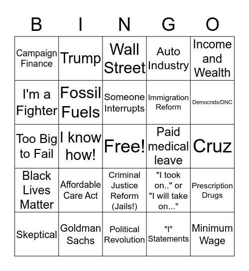 2016 Democratic Debate Bingo Card