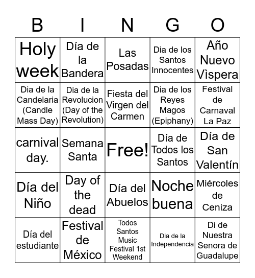 Mexican Festivities Bingo Card